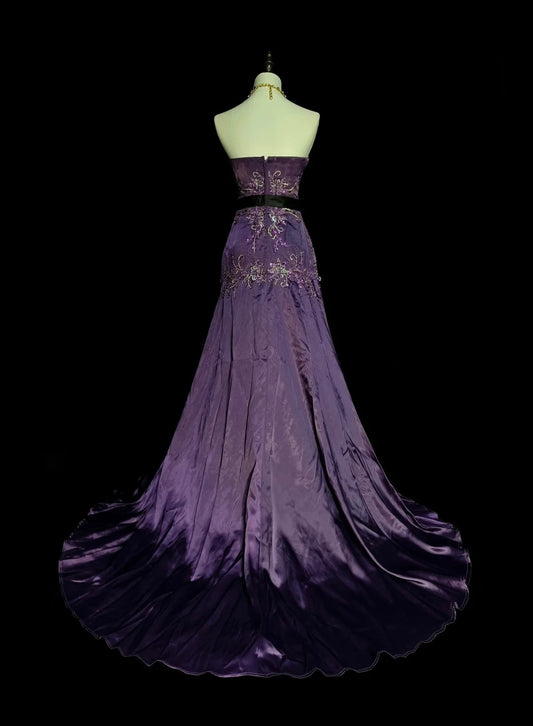Vintage A line Sweetheart 70s Grape Satin Sleeveless 80s Sleeveless Prom Dresses Long Formal Party Gown N1434