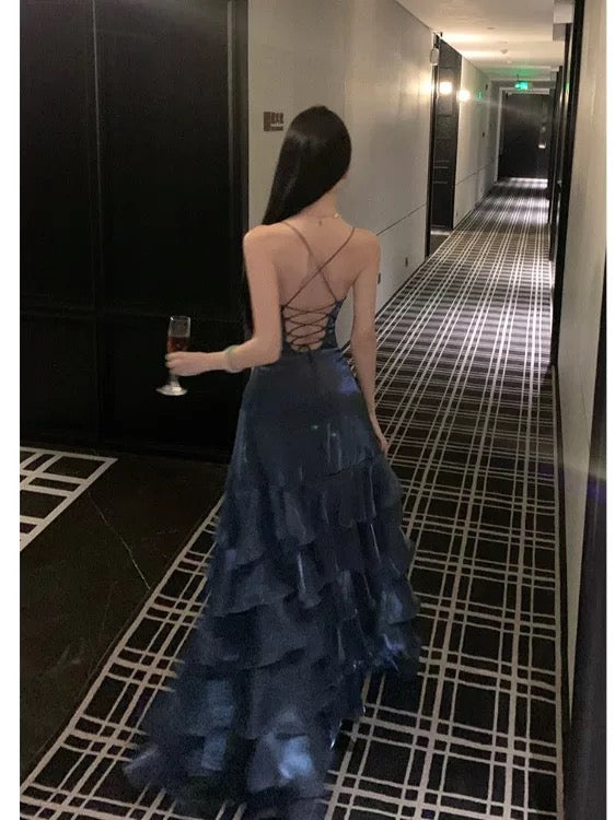 Chic Mermaid Halter Spaghetti Strap Long Prom Dresses Slit Navy Blue Long Formal Dresses N700
