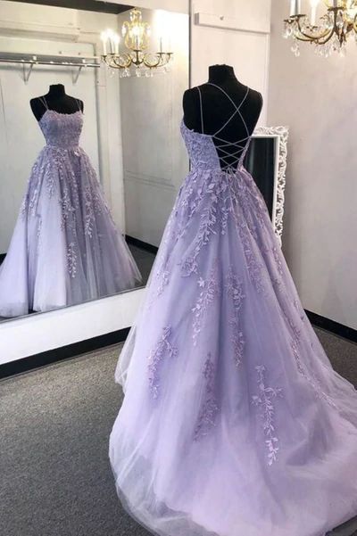 Stylish Backless Lavender Lace Long Prom Dresses Aline Evening Formal Dresses Vestidos De Dia AB511