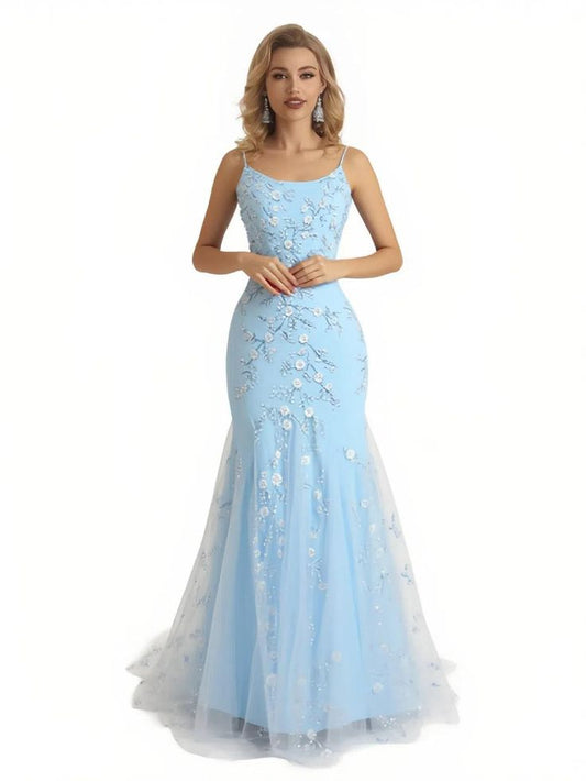 Floral Blue Mermaid Spaghetti Straps Maxi Long Party Prom Dresses Vestidos De Dia AB514
