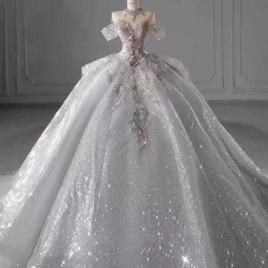 Sparkle Ball Gown Off The Shoulder Sequin Short Sleeves White Silver Beaded Wedding Dress Long Bridal Gown Wedding Dresses Ideas DH2899