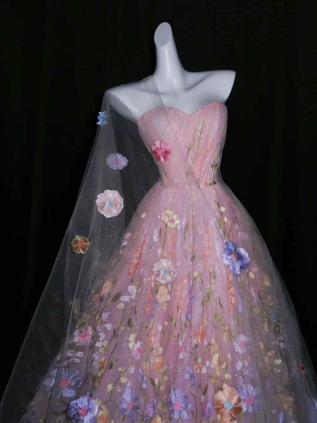Cute Ball Gown Strapless Pink Sleeveless Floral Tulle Long Quinceanera Dresses Sweet 15 16 Birthday Outfits N1085