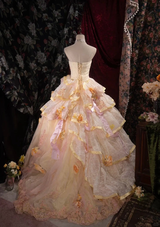 Sweet Ball Gown Strapless Yellow With Appliqued Quince Dress Long Sweet 15 16 Quinceanera Dresses Vestido de princesa RB4477