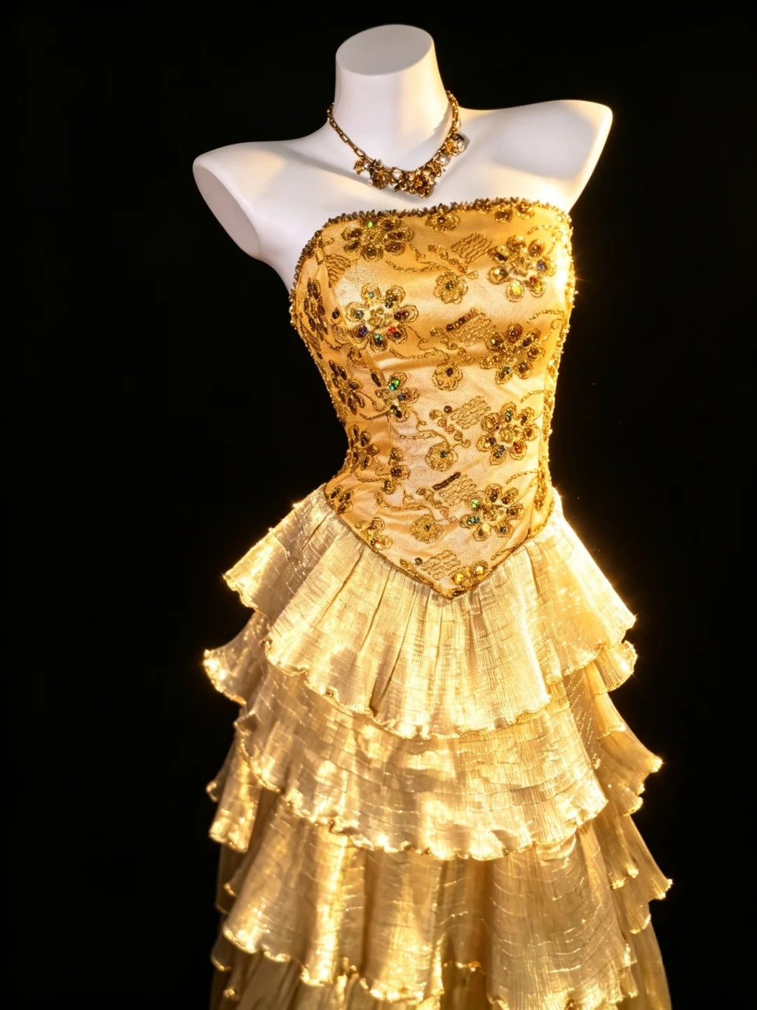 Modest Ball Gown Strapless Gold Ruffled Tiered Layers Evening Dresses Night Date Prom Dress N4475