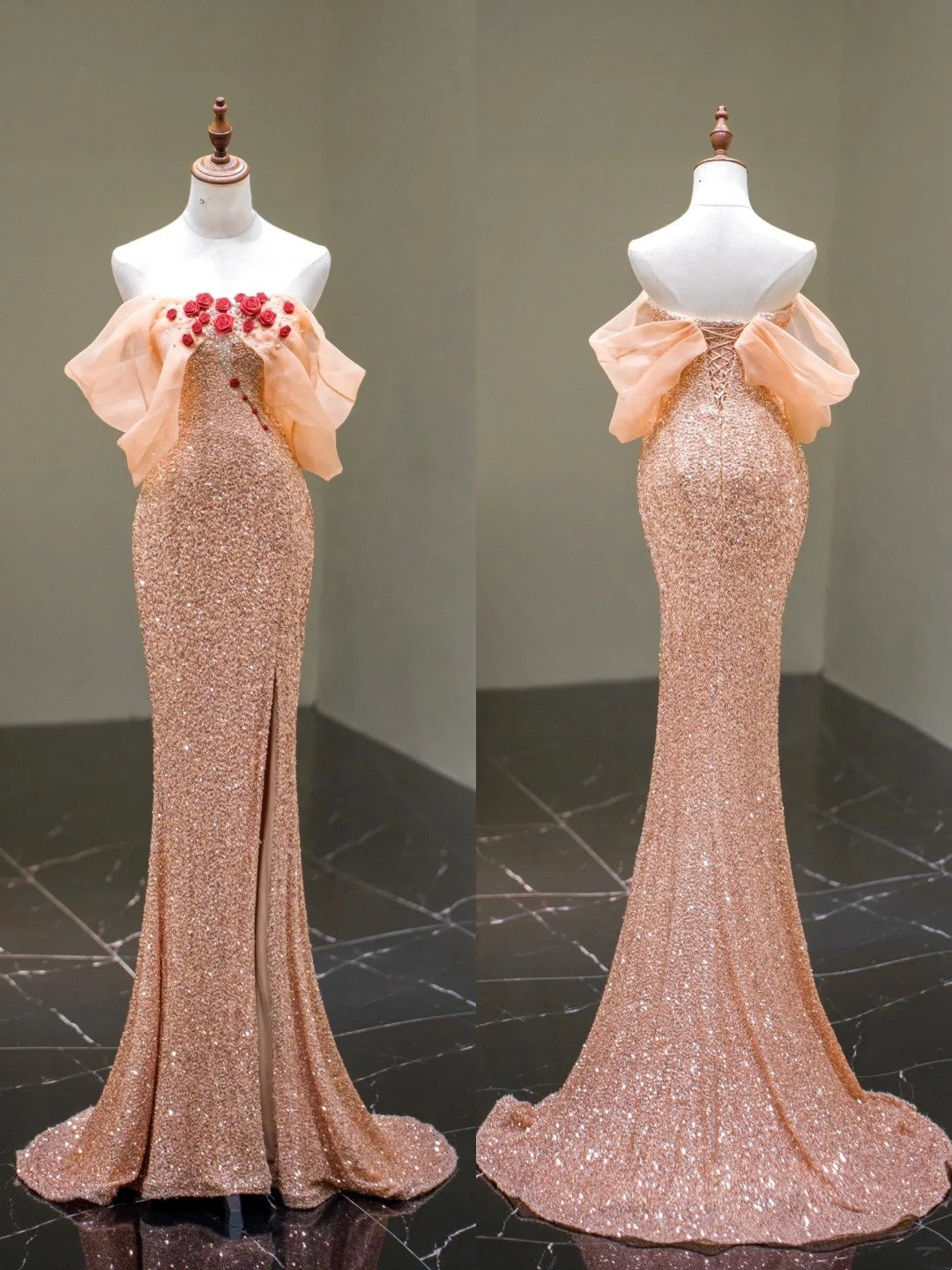 Modest Mermaid Off The Shoulder Pink Sequined With Slit Long Prom Dress For Women Girls Evening Dresses N671