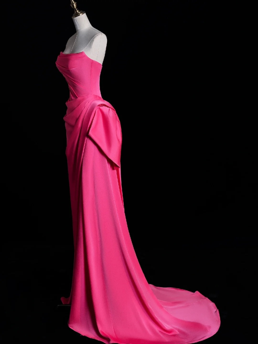 Simple Mermaid Strapless Pink Satin Pleated With Satin Long Prom Dresses Formal Gowns N849
