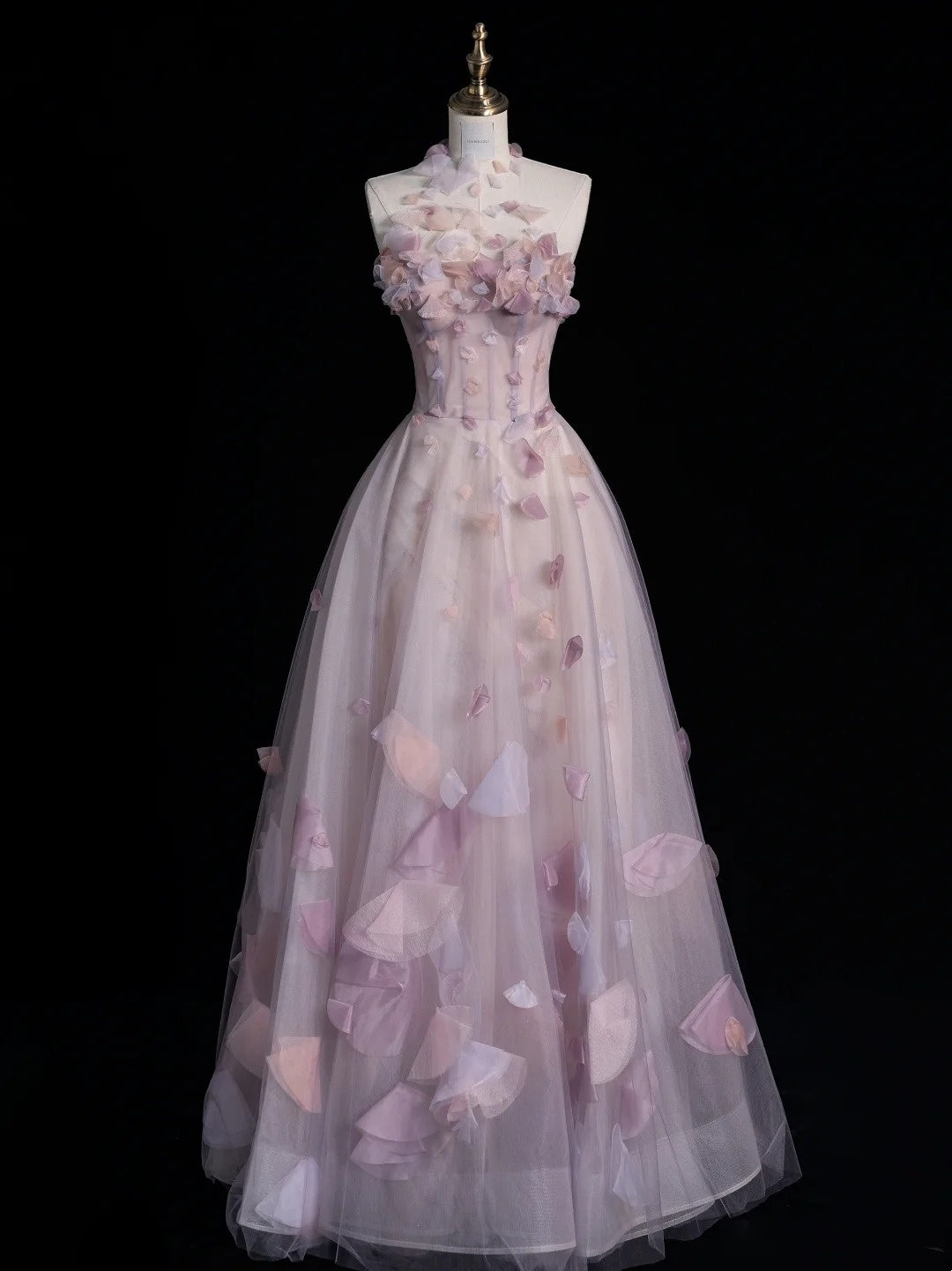 Modest A line High Neck Pink Floral Tulle Prom Dresses Inspiration Party Gowns Princess Formal Dress N770