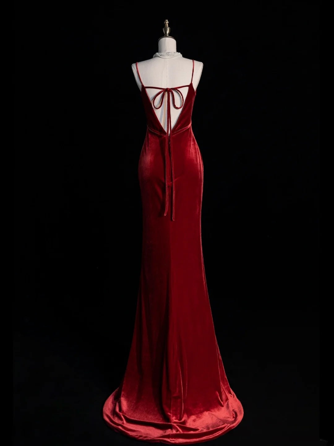 Modest Mermaid Spaghetti Strap Burgundy Velvet Sleeveless Long Prom Dress For Women Girls Evening Dresses N679