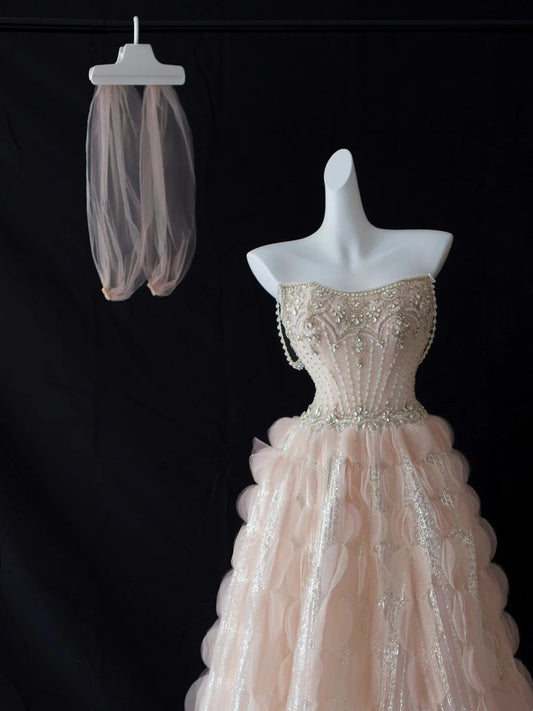Beautiful Prom Dresses Ball Gown Sweetheart Tulle Blush Pink With Beads Long Formal Gown N2925