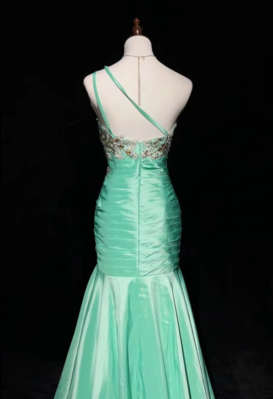 Vintage Prom Dresses Mermaid One Shoulder Mint Green With Lace Beading Cape Long Formal Dress N2463