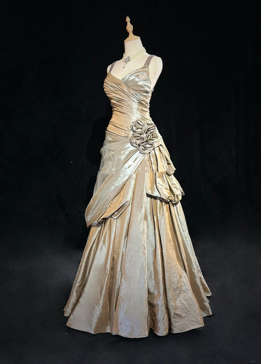 Vintage Prom Dresses Ball Gown Sweetheart With Straps Champagne Beading Long Formal Dress N2451