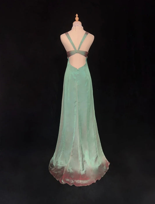 Vintage Prom Dresses A line Sweetheart With Straps Green Chiffon Sleeveless 1990s Long Formal Evening Gown N2634