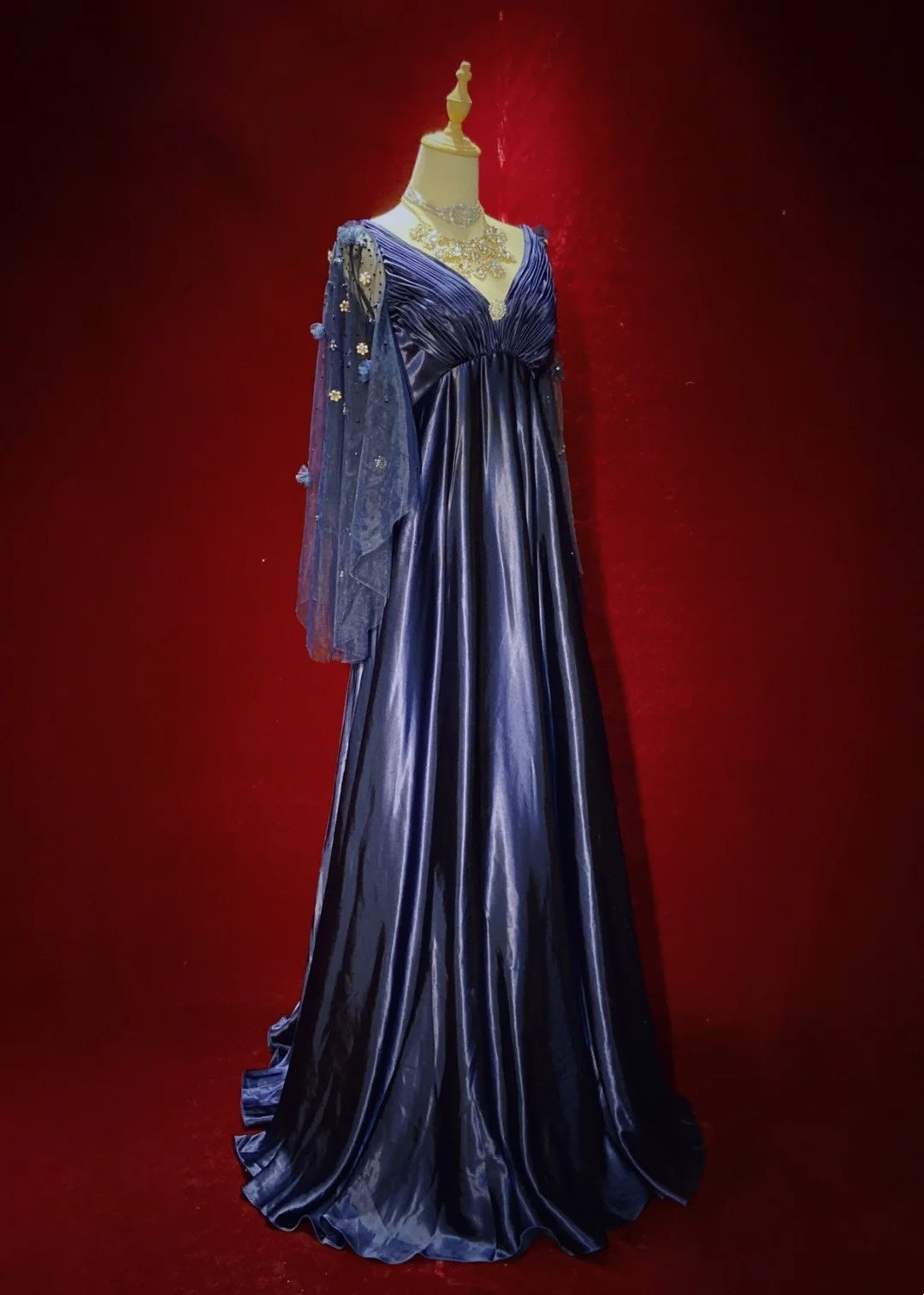 Vintage Prom Dresses Inspo A Line Empire V Neck Navy Blue Satin 90s Wi – RubyFashionDress
