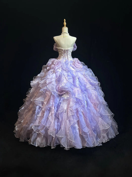 Modest Prom Dresses Ball Gown Strapless Lilac Organza With Layers Tiered Long Quince Dress N3128
