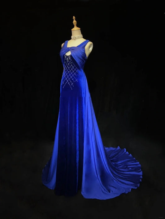 Vintage Prom Dresses Mermaid Royal Blue Velvet Sleeveless With Beading 90s Long Formal Gown N2902