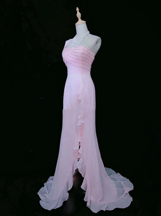Vintage Prom Dresses 80s Mermaid One Shoulder Pink Chiffon Sleeveless With Beading Semi Formal Evening Outfits N3620