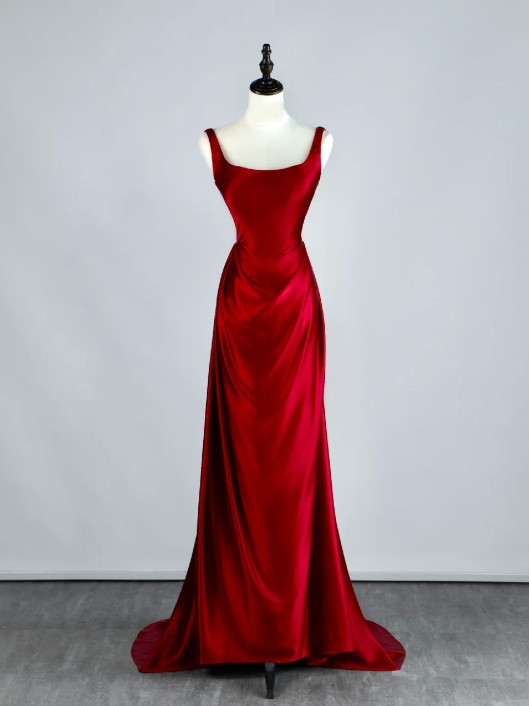 Modest Mermaid Square Neck Wine Red Satin With Ruffles Long Prom Dresses Night Formal Dresses N597