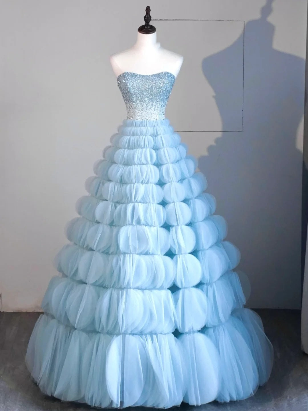 Princess Ball Gown Strapless Tulle Blue College Formal Outfit Prom Graduation Dresses For Teens N1351