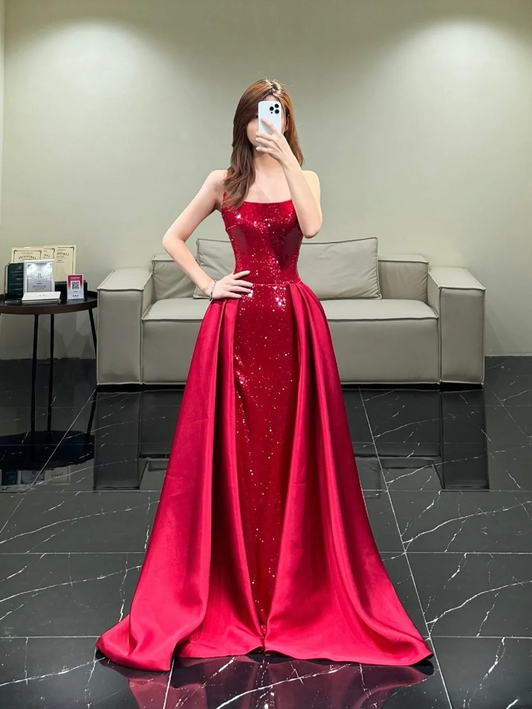 Modest Mermaid Strapless Wine Red Sequin With Ruffle Train Bodice Long Prom Dresses Night Formal Dresses N595