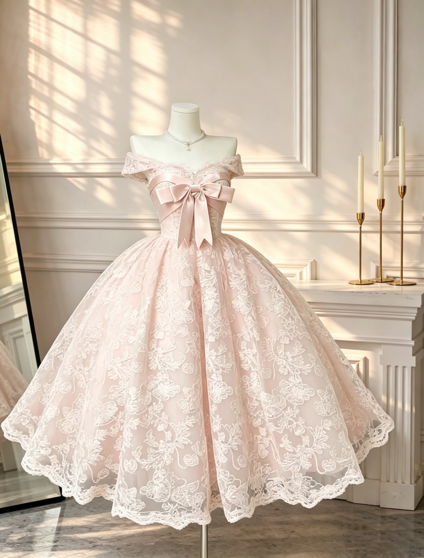 Charming Ball Gown Off The Shoulder Pink Lace With Short Sleeves Evening Formal Dress RB3072