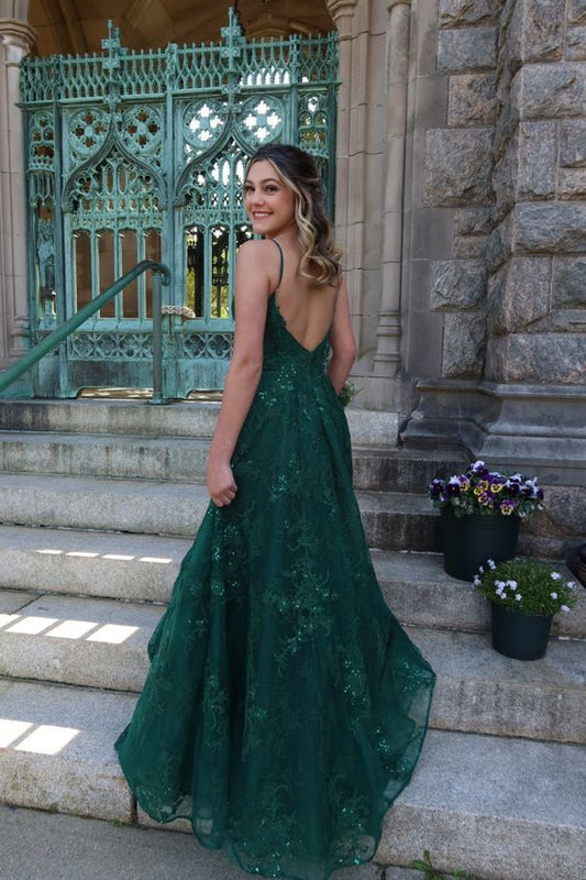 Modest tulle long A line spaghetti straps dark green prom dress with lace Formal Party Gown AB461