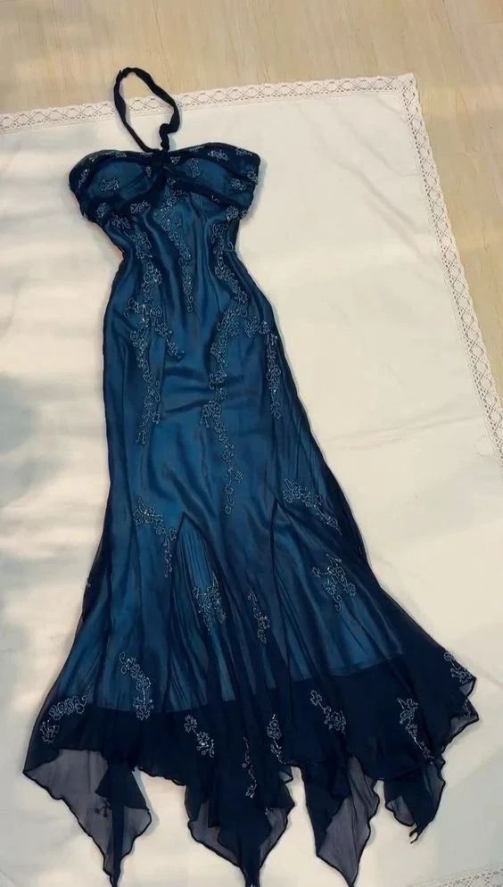 Vintage Mermaid High Neck Chiffon Teal With Beaded Appliques Formal Gowns Evening Maxi Dress Prom Dress Aesthetic For Women Party Outfits AB1204