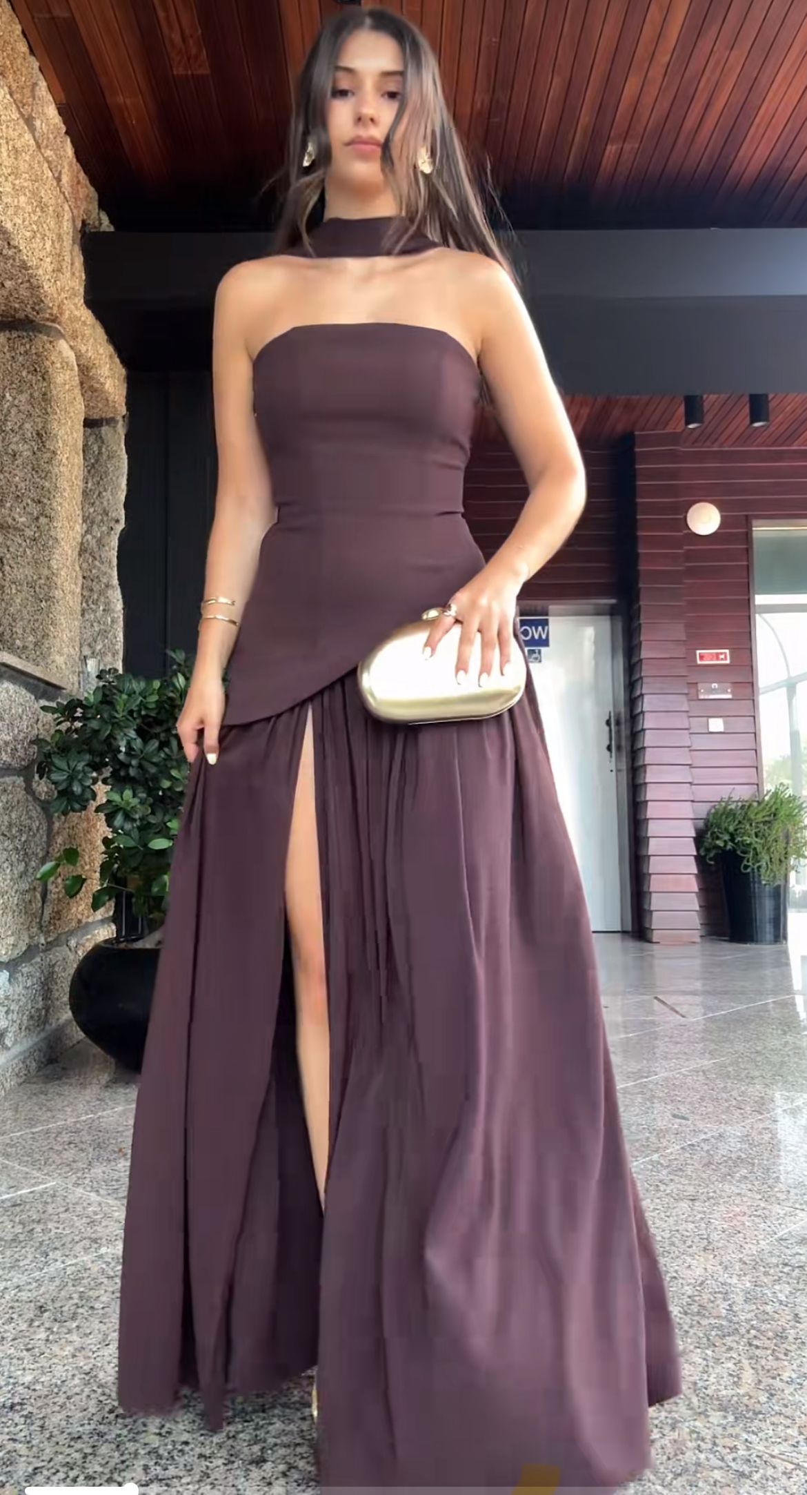 Gorgeous Sheath Strapless Sleeveless Slit Prom Dresses Ruffles Prom Gown With Scarf AB215