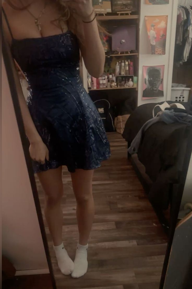 Short A line Spaghetti Straps Navy Blue Sequin Prom Evening Dress Homecoming Dress Short Party Dress RB8151