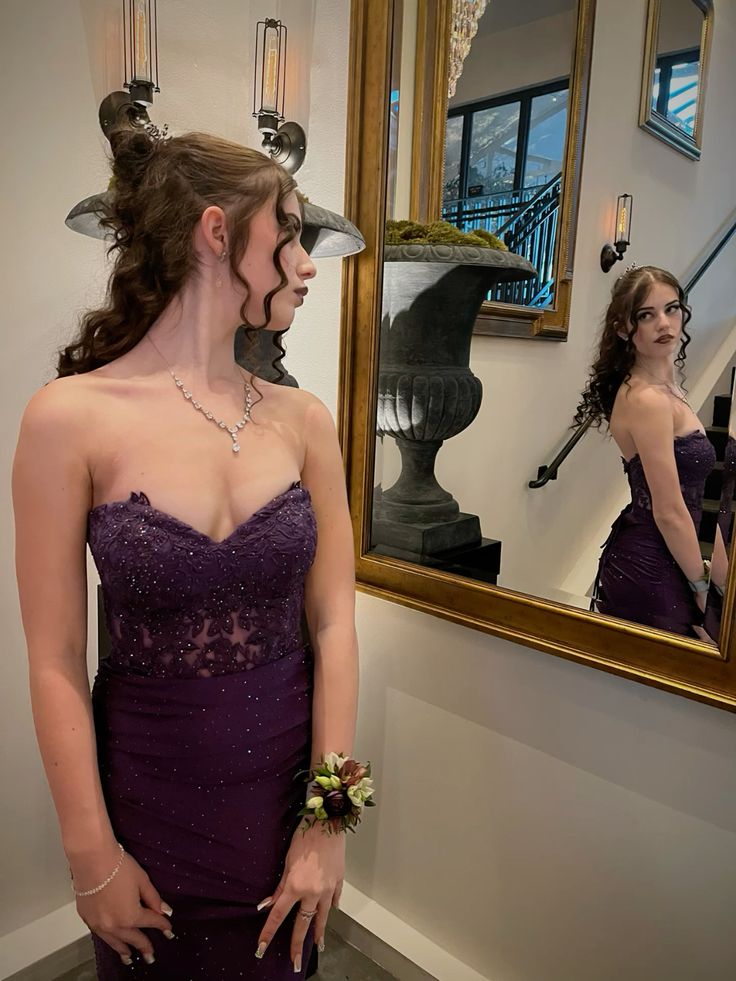 Grape Lace Mermaid Long Prom Dress Strapless Long Formal Dress Evening Dress AB1575