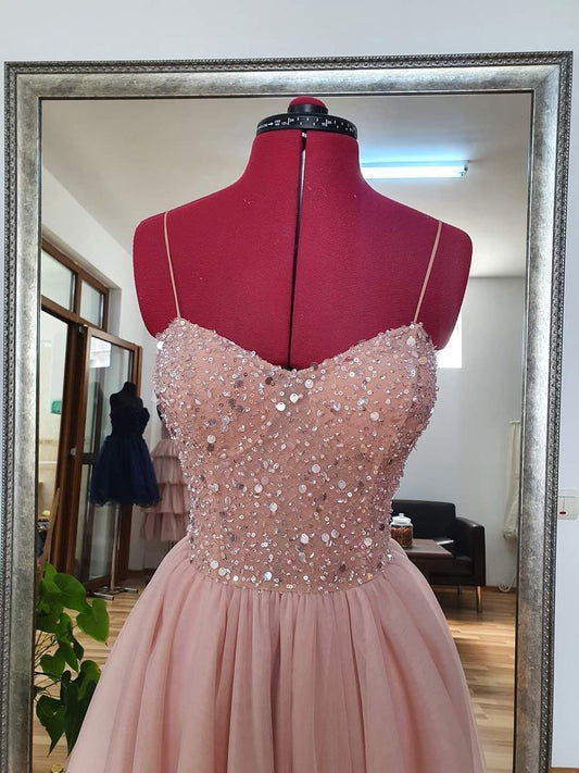 Unique A line Spaghetti Strap Pink Tulle Slit Prom Dresses With Beaded For Teens Formal Dress Party Outfits Prom Gown N037