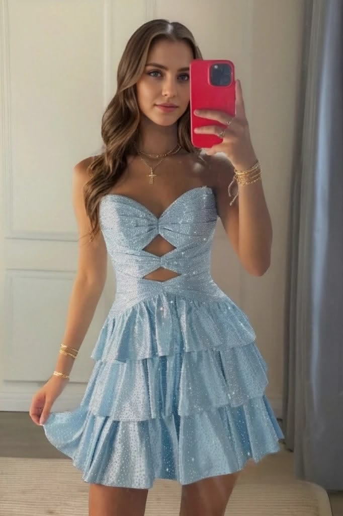 Sparkly A Line Sweetheart Blue Satin Homecoming Dress With Beading Party Dresses RB6813