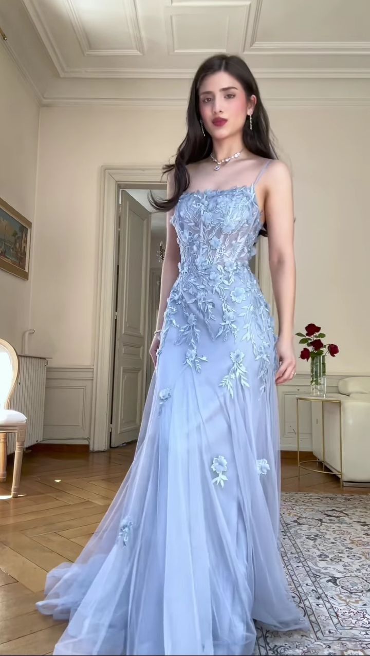 Timeless Mermaid Spaghetti Strap Blue Tulle With Appliques Long Prom Dresses Formal Dress Party 20th Birthday Outfits N453