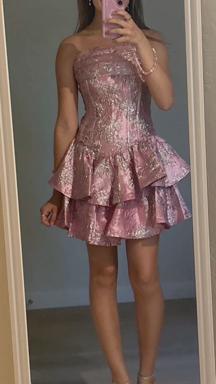 Vintage Hoco Dress Strapless Satin Pink Ball Gown Homecoming Party Dress RB9484