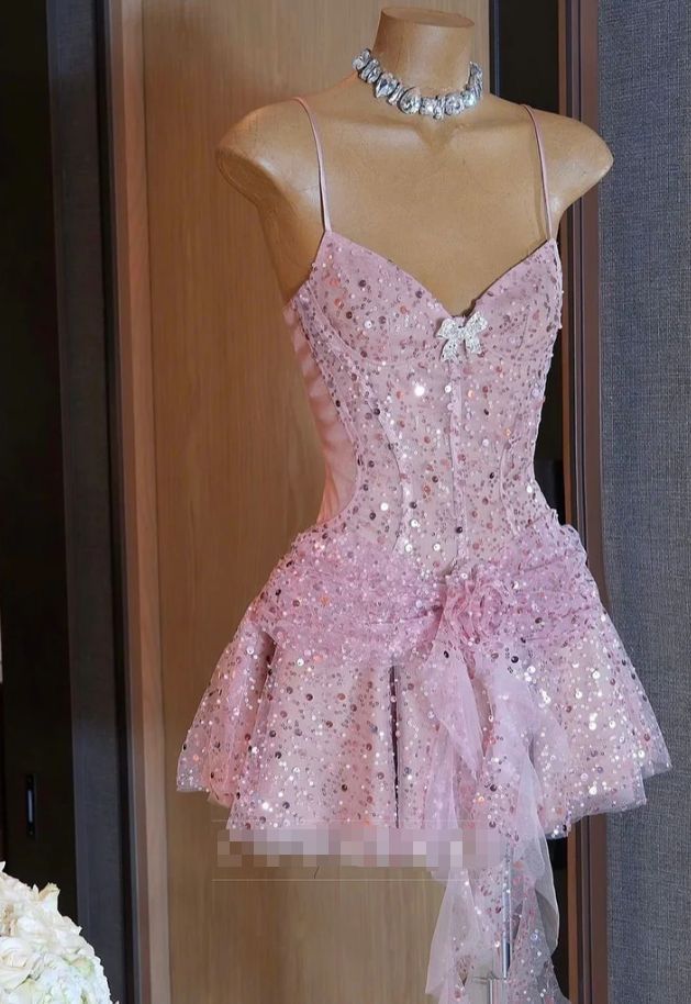 Pink Spaghetti Strap 16th Birthday Dress Glitter Sequin A-Line Homecoming Dresses N4737