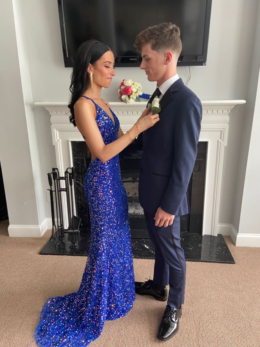 Gorgeous Mermaid Spaghetti Strap Royal Blue Sequin With Backless Open Backs Formal Evening Dress Gowns Prom Dresses N704