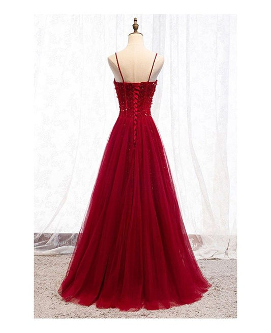 Straps Dark Red Beaded Sweetheart Long Formal Dress, Junior Prom Dress AB703
