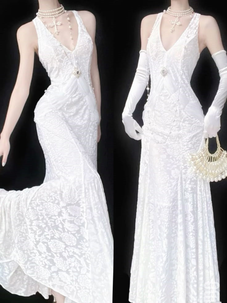 Elegant Women's Mermaid V Neck With Gloves Sleeveless White Lace Long Wedding Gowns Dresses AB1500