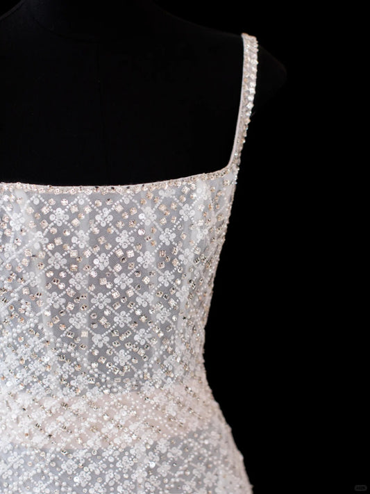 Sparkly A line Square White Tulle With Beading Long Prom Dresses Inspo Evening Outfits RB4320