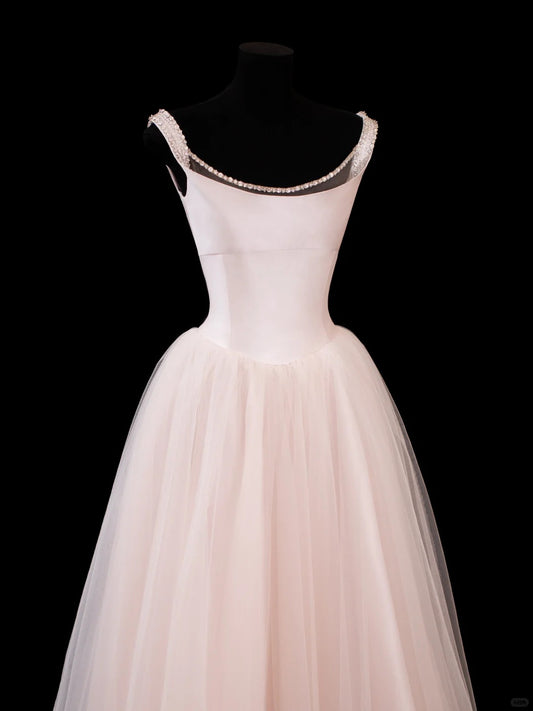 Sparkly Ball Gown Square Neck Light Pink Tulle With Beading Tea Length Prom Dresses Inspo Evening Outfits RB4324