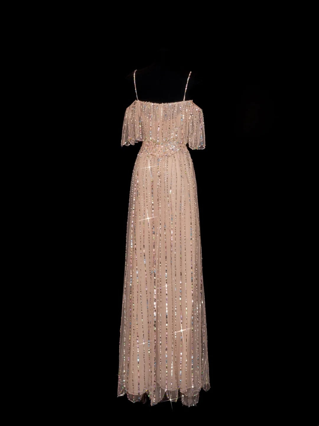 Sparkly Sequin A line Spaghetti Strap Sequined Champagne Long Prom Dresses Inspiration Evening Gowns Formal Party Prom Dress N145