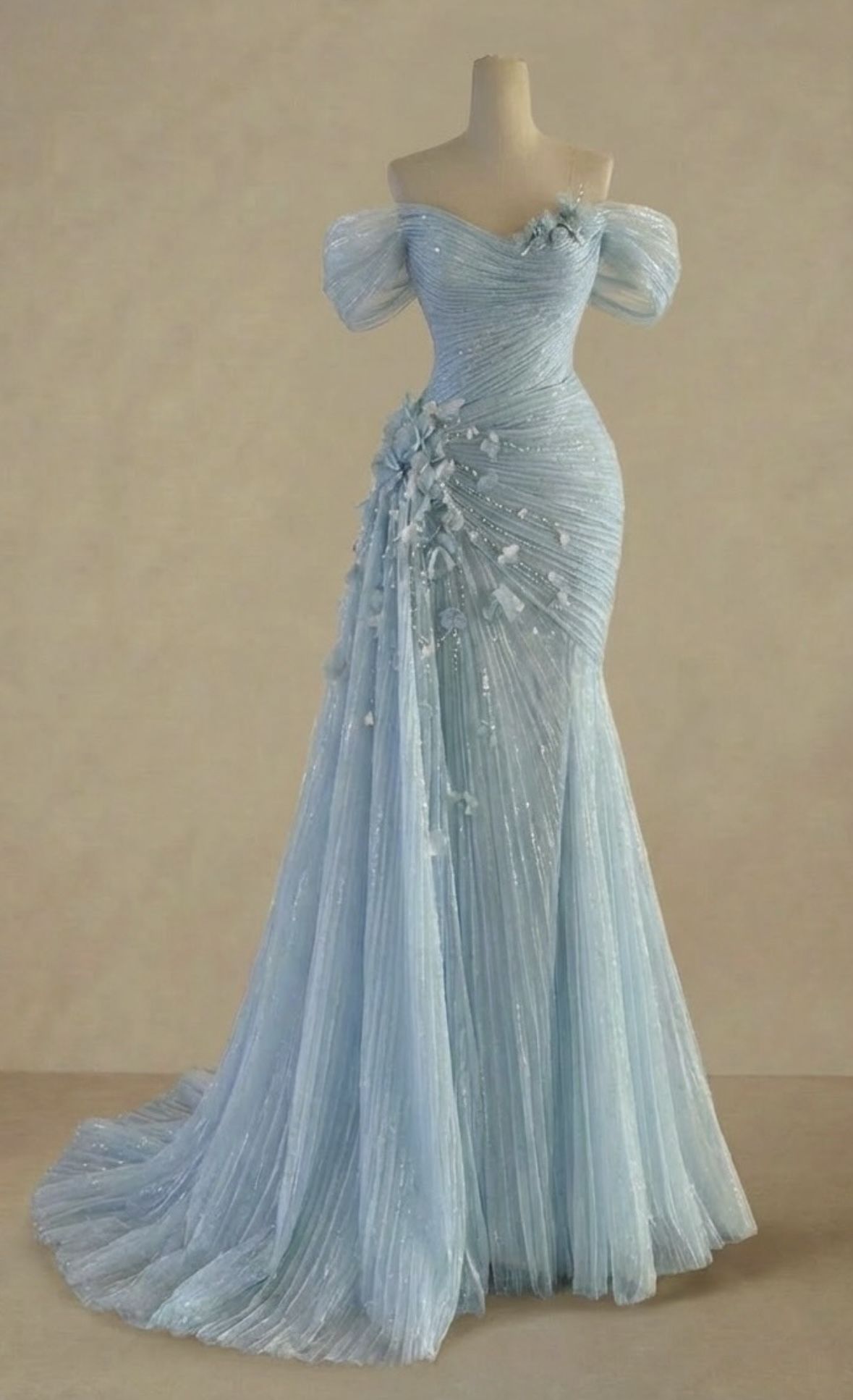 Charming Mermaid Off The Shoulder Light Sky Blue Chiffon Long Prom Dresses Evening Outfits Formal Dress N1005