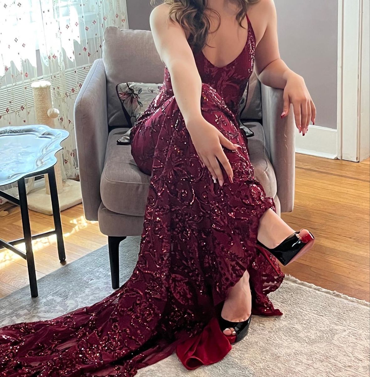 Elegant Mermaid Halter Burgundy Deep Red Sequins Long Prom Dresses Formal Party Gowns Vestidos De Dia AB605