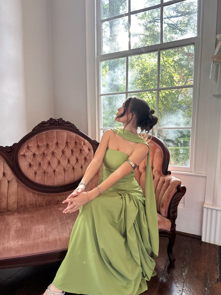 Modest A Line Strapless Satin Sage Green Prom Dresses Inspo Simple Long Prom Gowns With Scarf N288
