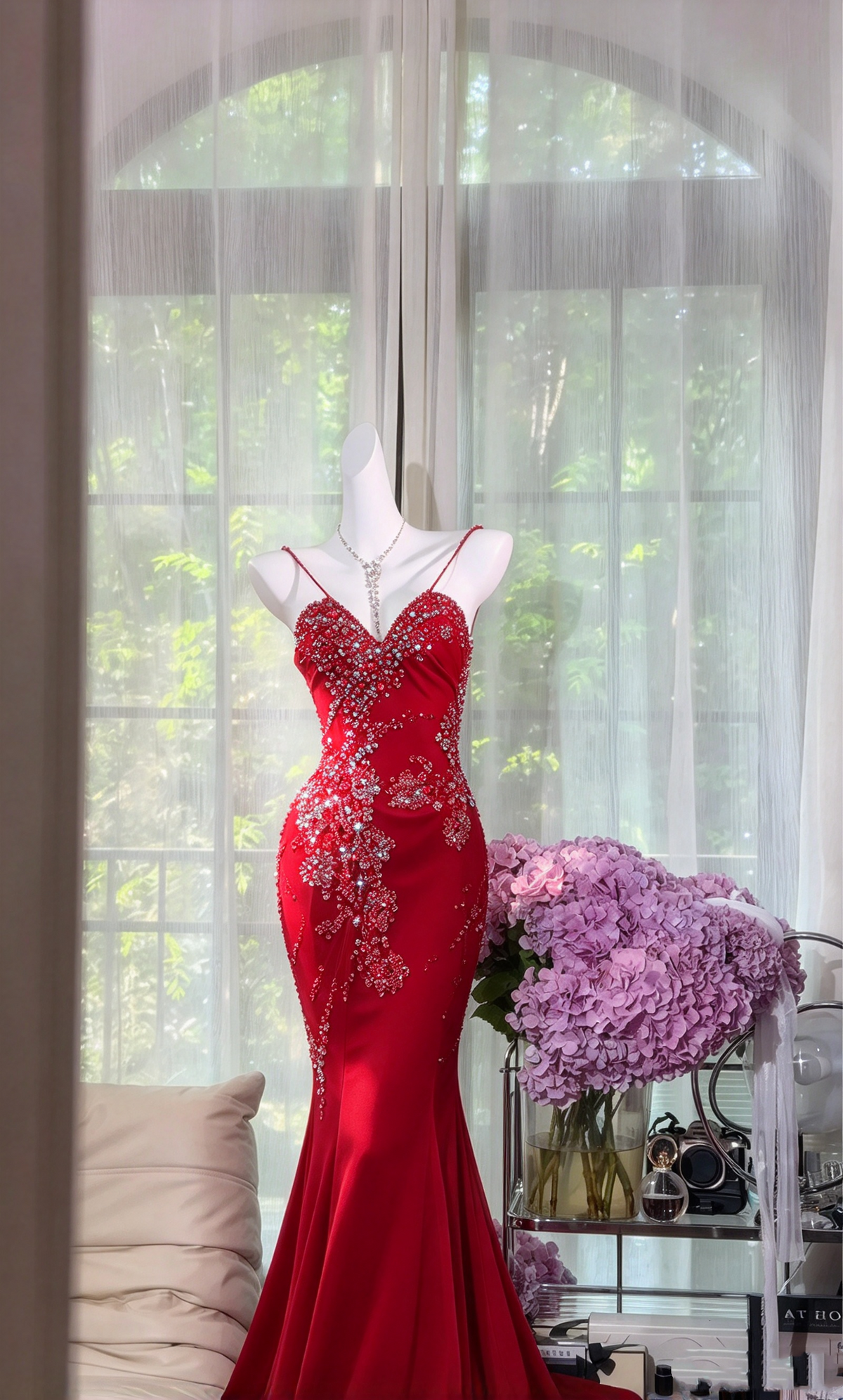 Sexy Mermaid Spaghetti Straps Red Chiffon Beaded Long Prom Dresses Inspo Party Gown RC1287