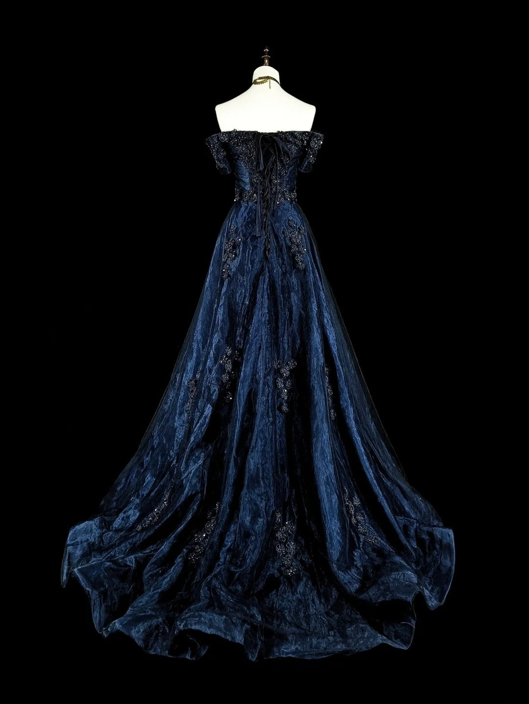 Vintage Prom Dresses Ball Gown Off The Shoulder Navy Blue Tulle With Appliques 80s Long Formal Gown N2720