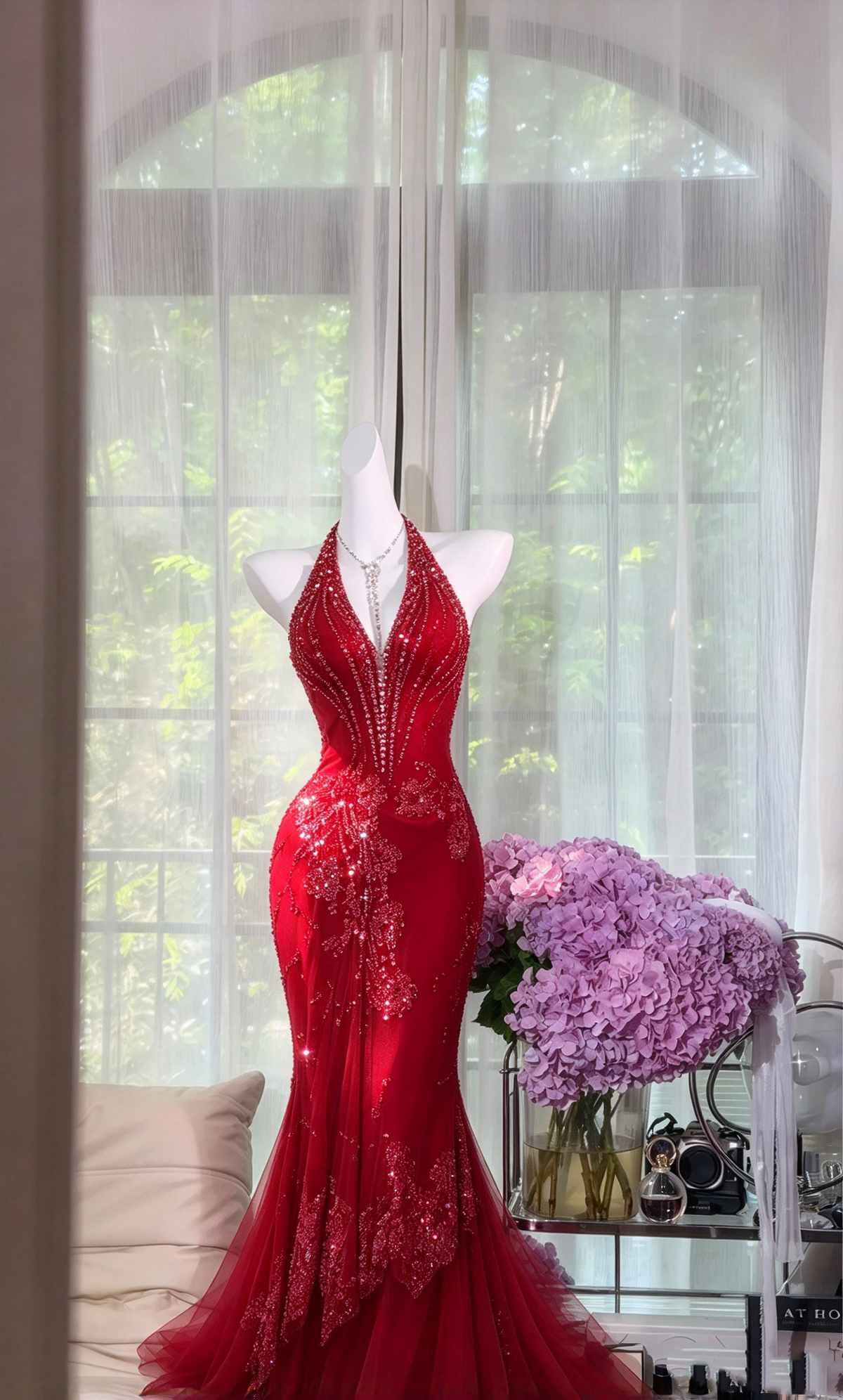 Modest Prom Dresses Mermaid V Neck Red Tulle Long With Beading Appliqued Formal Dress RC1288