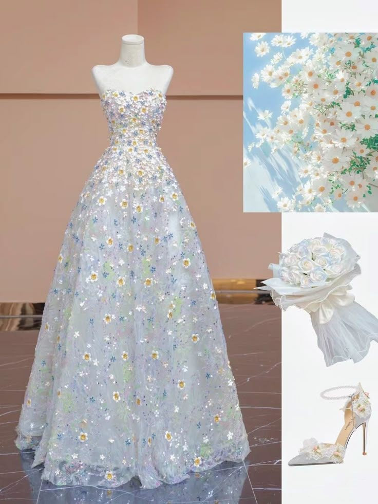 Cute Ball Gown Strapless Floral Tulle For Women Party Dress Long Formal Prom Dresses 20th Birthday Gowns AB1310
