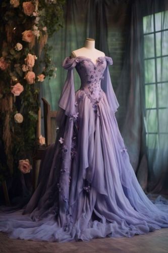 Elegant Purple Medieval Prom Dress Off The Shoulder Fairy Long Sleeve 3D Floral Applique Vestidos De Dia AB510