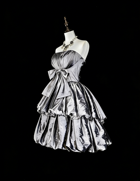 Vintage Ball Gown Strapless Silver Gray Taffeta Short Inspo 2000s Hoco Gowns Inspo Homecoming Dresses N1612