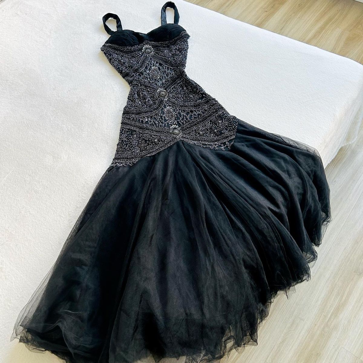 Modest Mermaid Sweetheart Black Tulle Beaded Long Prom Dresses Inspiration Evening Gowns For Women Formal Party Dress AB1256